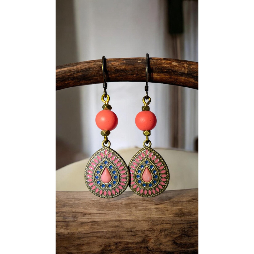 Boho Orange Salmon Pink Teardrop Dangle Earrings Antiqued Bronze